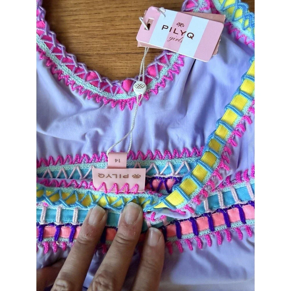 NWT Pilyq PQ 1 Piece Swimsuit Girls 14 Purple Halter Tie Stitched Hem $76 MSRP